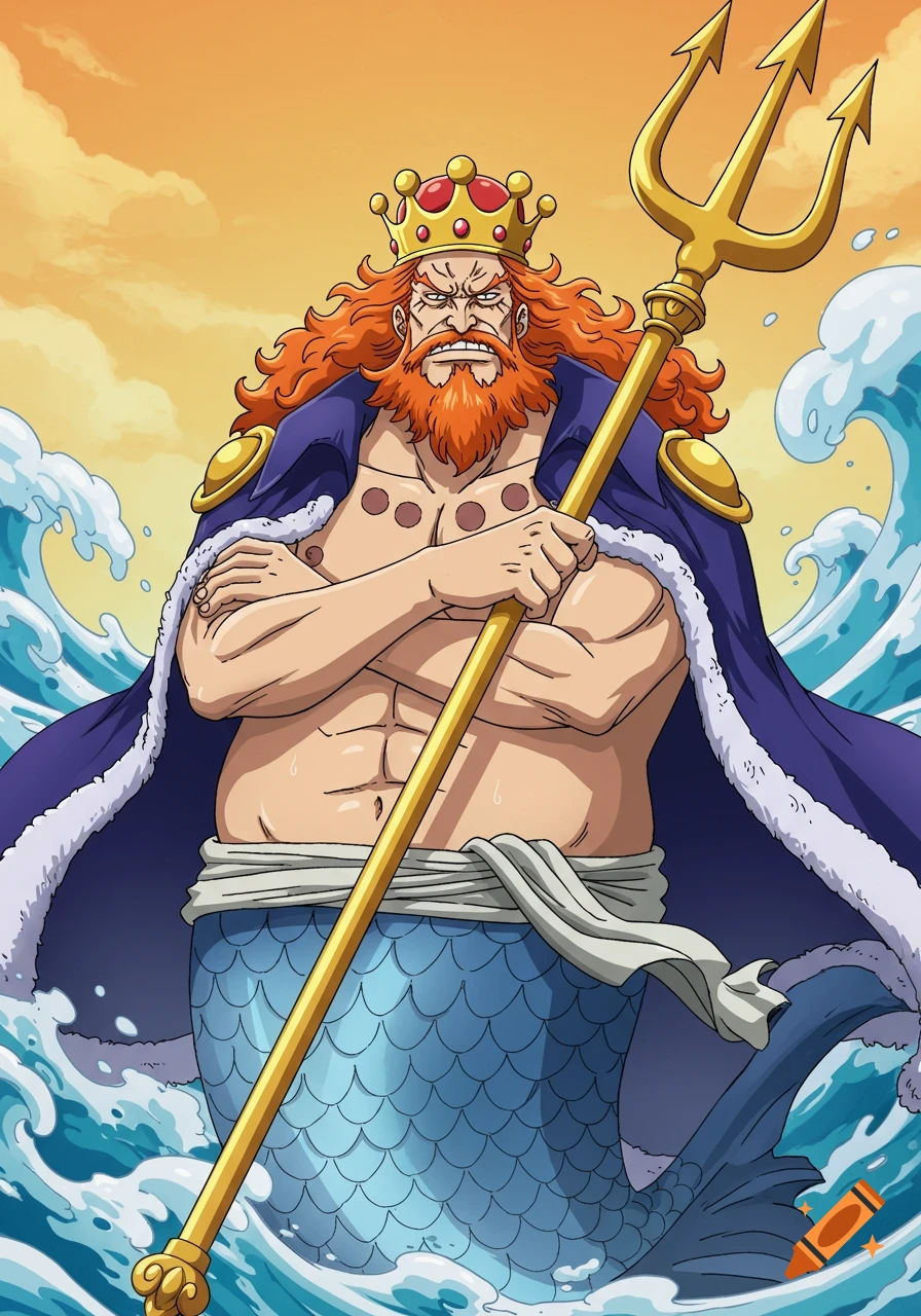 Anime drawing of King Neptune, a stout merman with orange hair and beard, golden crown and trident, arms crossed, in water.