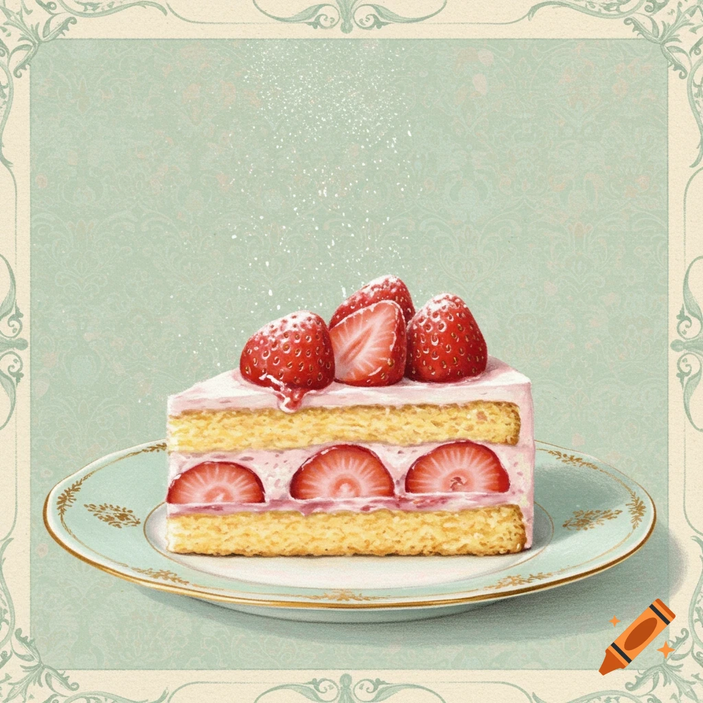 A slice of strawberry shortcake with fresh strawberries and whipped cream on a decorative light blue plate, set against a green patterned background.