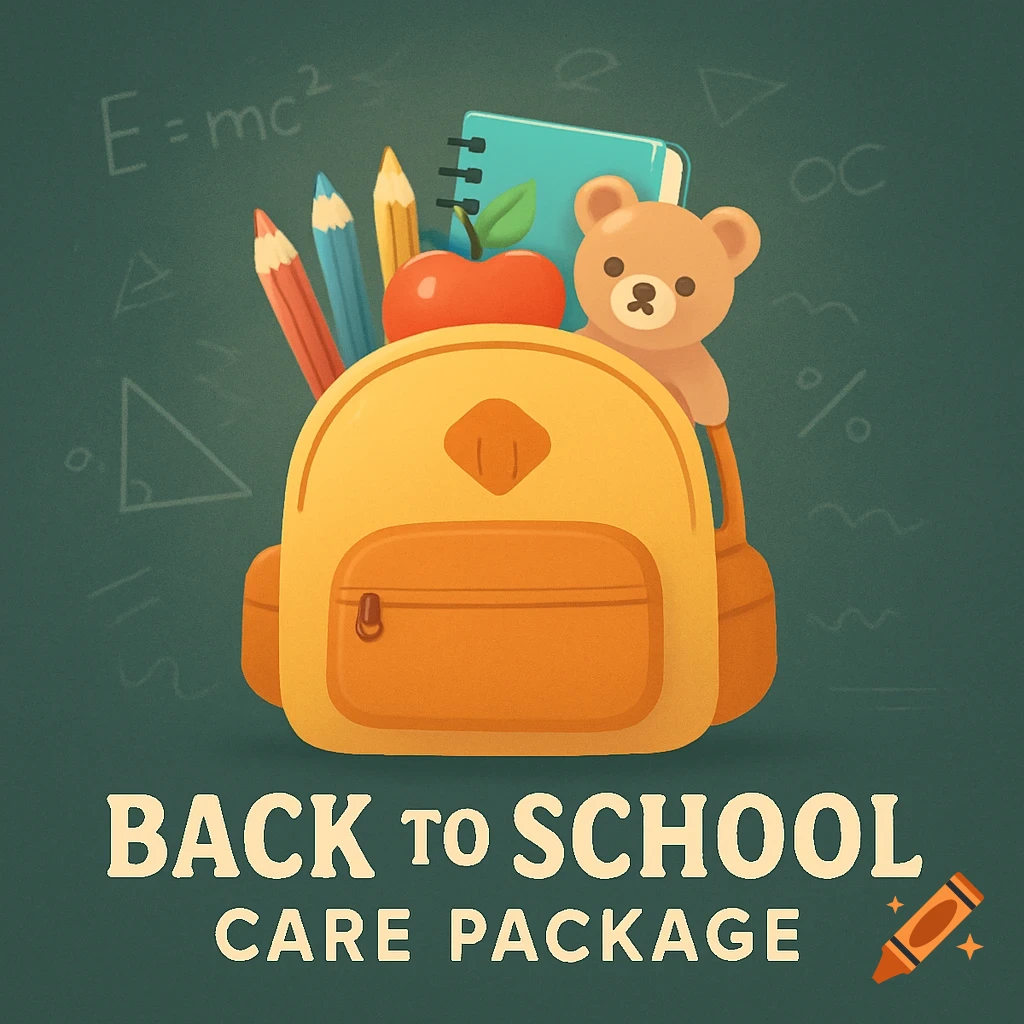 An illustration of a yellow backpack filled with school supplies and a teddy bear, on a green chalkboard background.