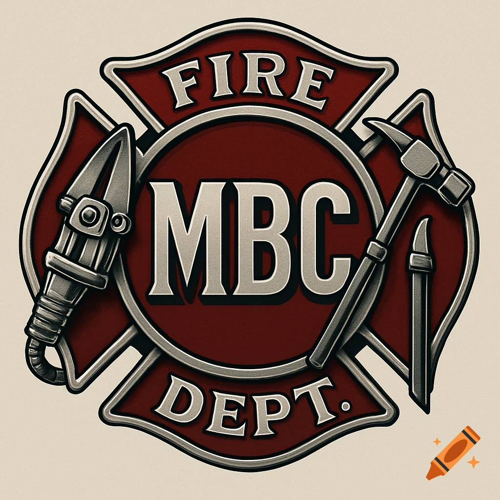 A stylized red and silver fire department emblem with "FIRE", "MBC", "DEPT.", Jaws of Life, and Halligan tool.