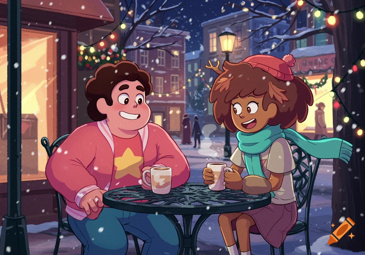 Steven Universe and Anne Boonchuy sit at an outdoor cafe table, drinking from mugs as snow falls in a decorated city street at night.