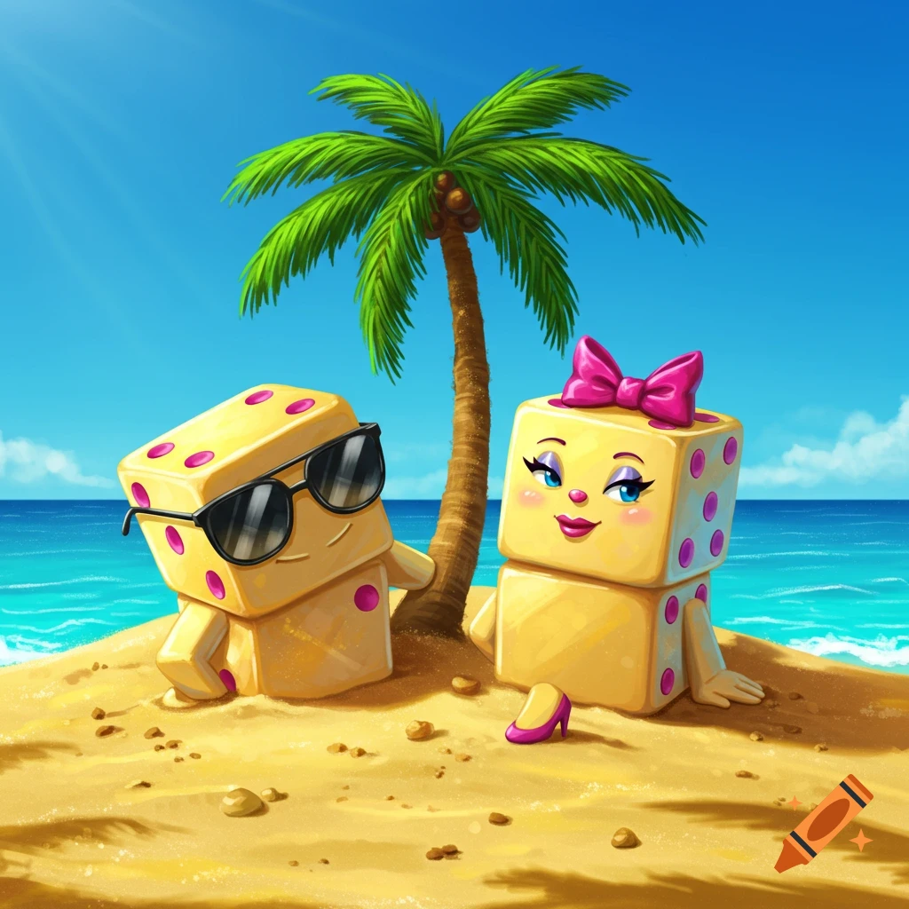 Two cartoon dice characters, one with sunglasses and one with a bow, relax on a beach under a palm tree.