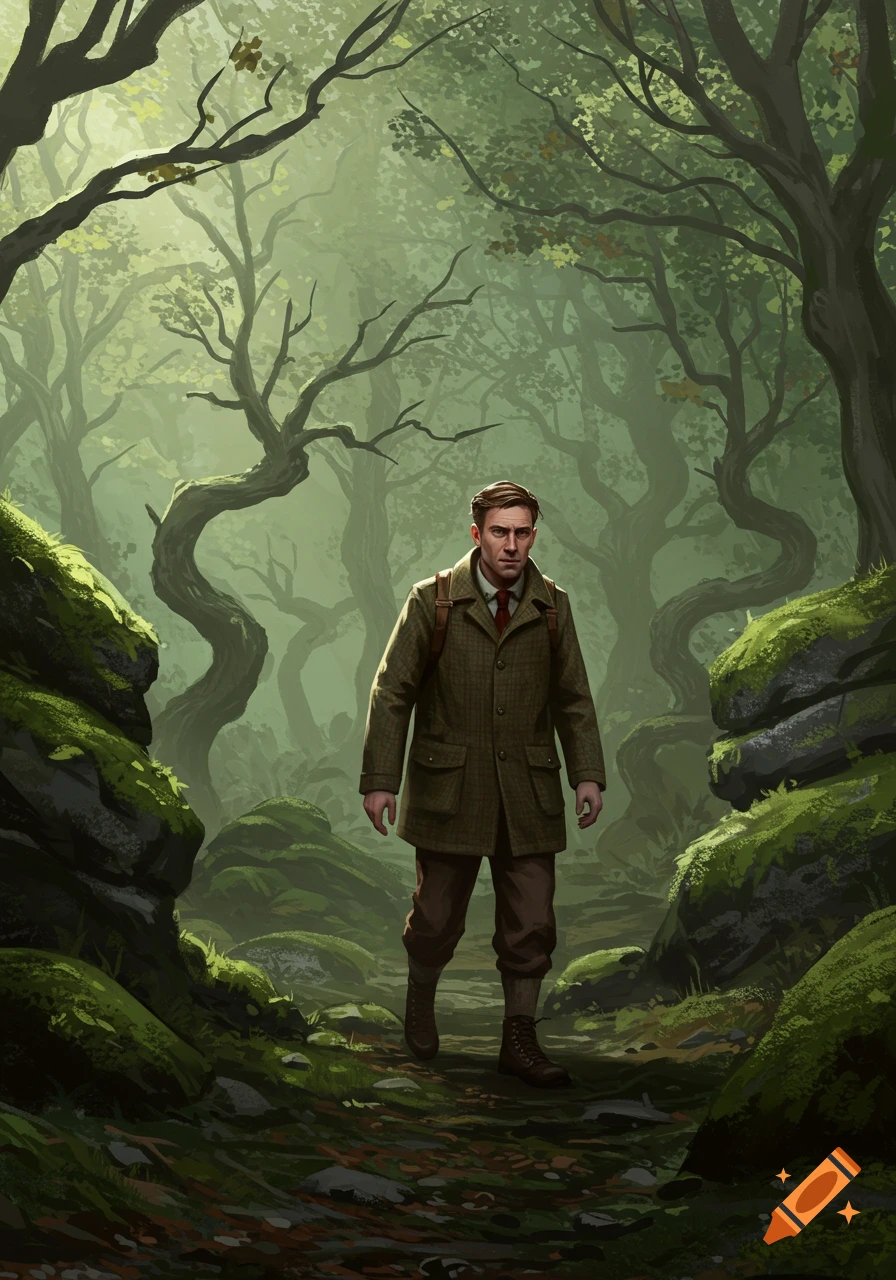 A man in a tweed jacket and backpack walks through a mystical, mossy forest with gnarled trees, rendered in an illustrative style.