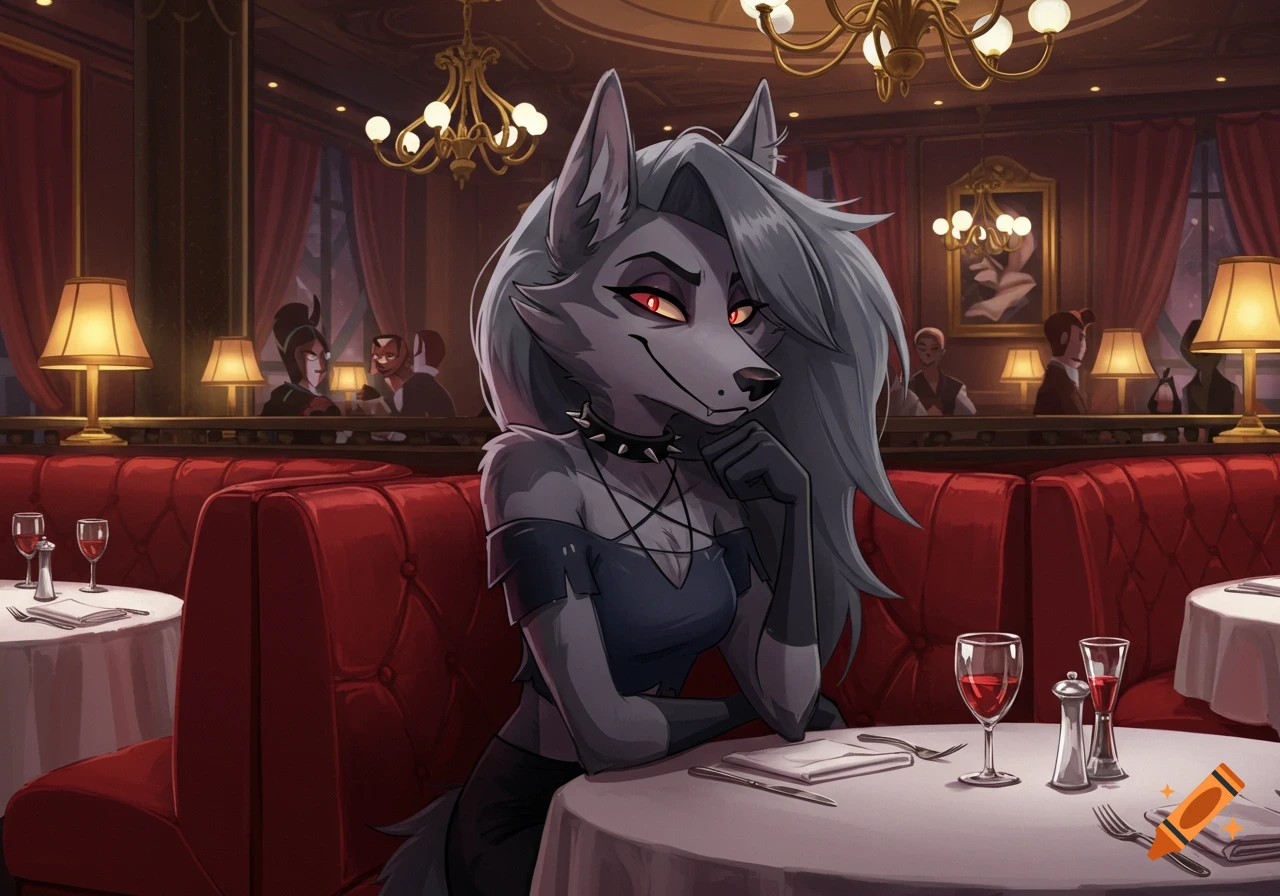 An anthropomorphic grey wolf-like character with red eyes sits at a table in a fancy, dimly lit restaurant.