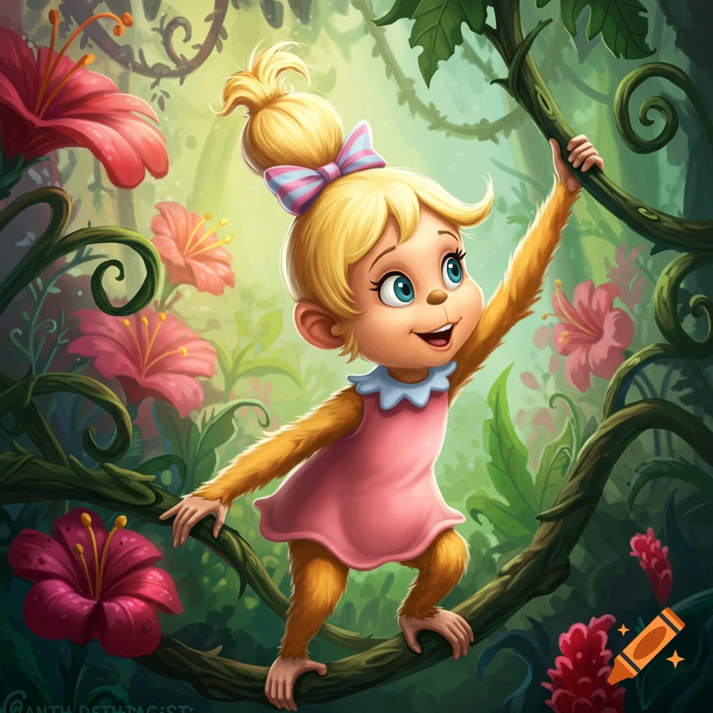 A happy, cartoon monkey-like girl with blonde hair and a pink dress swings on a vine in a vibrant jungle with pink flowers.