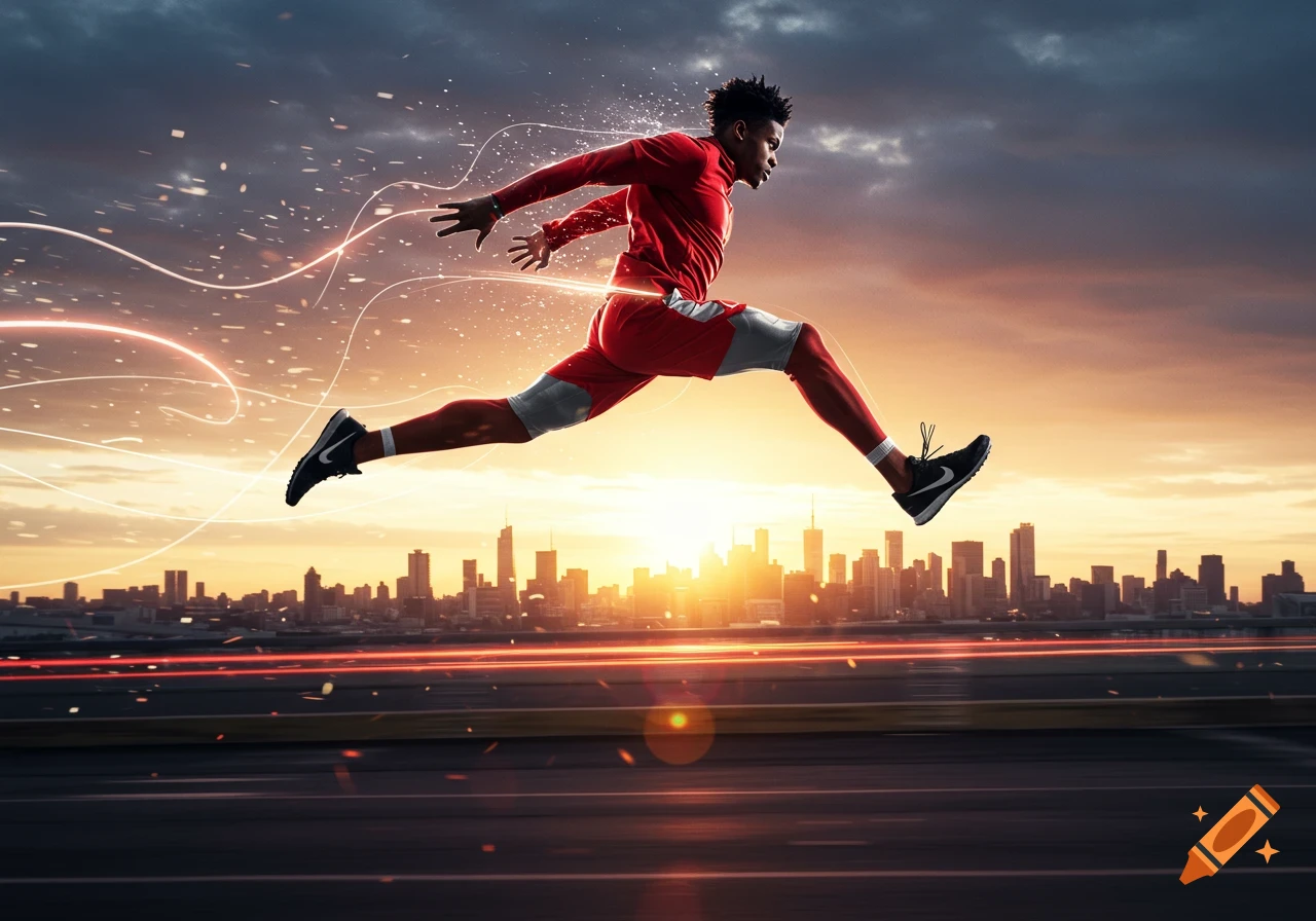 A man in red sportswear jumps mid-air, surrounded by light trails, with a city skyline and sunset in the background.