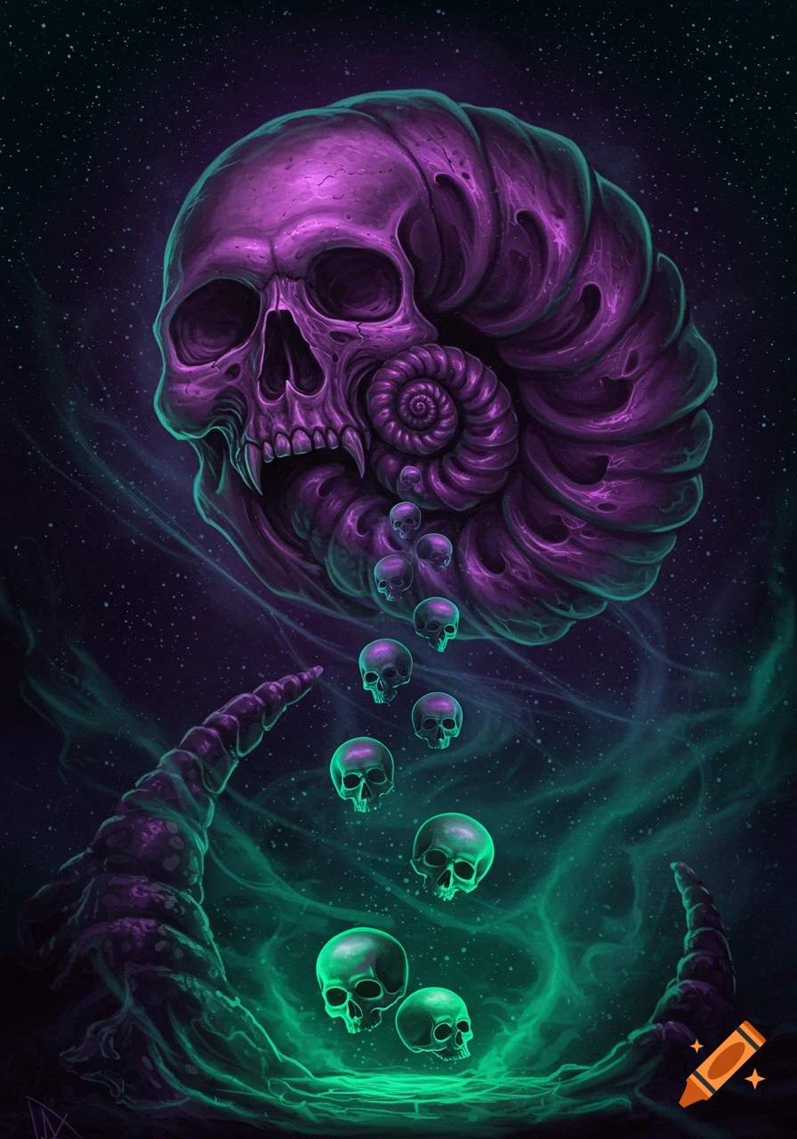 A large purple skull twisted into a spiral spewing smaller green skulls into a glowing green mist against a starry sky.
