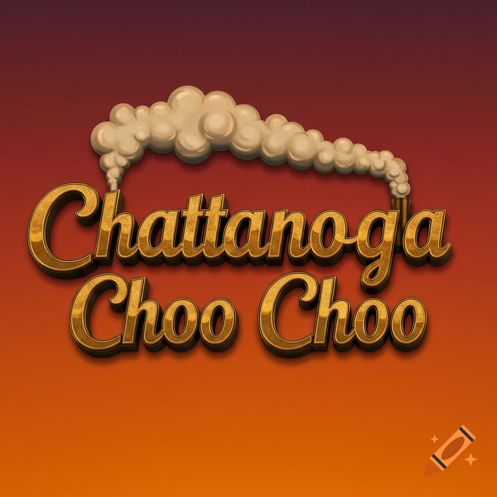 Stylized golden text 'Chattanooga Choo Choo' with smoke billowing from a chimney-like element, against a red and orange gradient background.