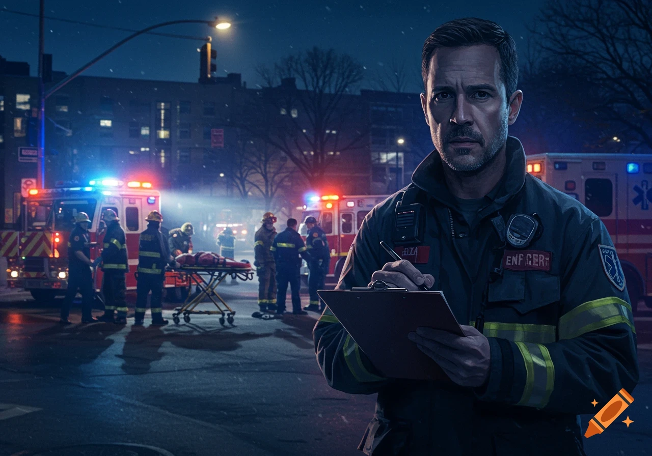 A serious firefighter writes on a clipboard at night, with fire trucks and emergency personnel attending a stretcher in the background.