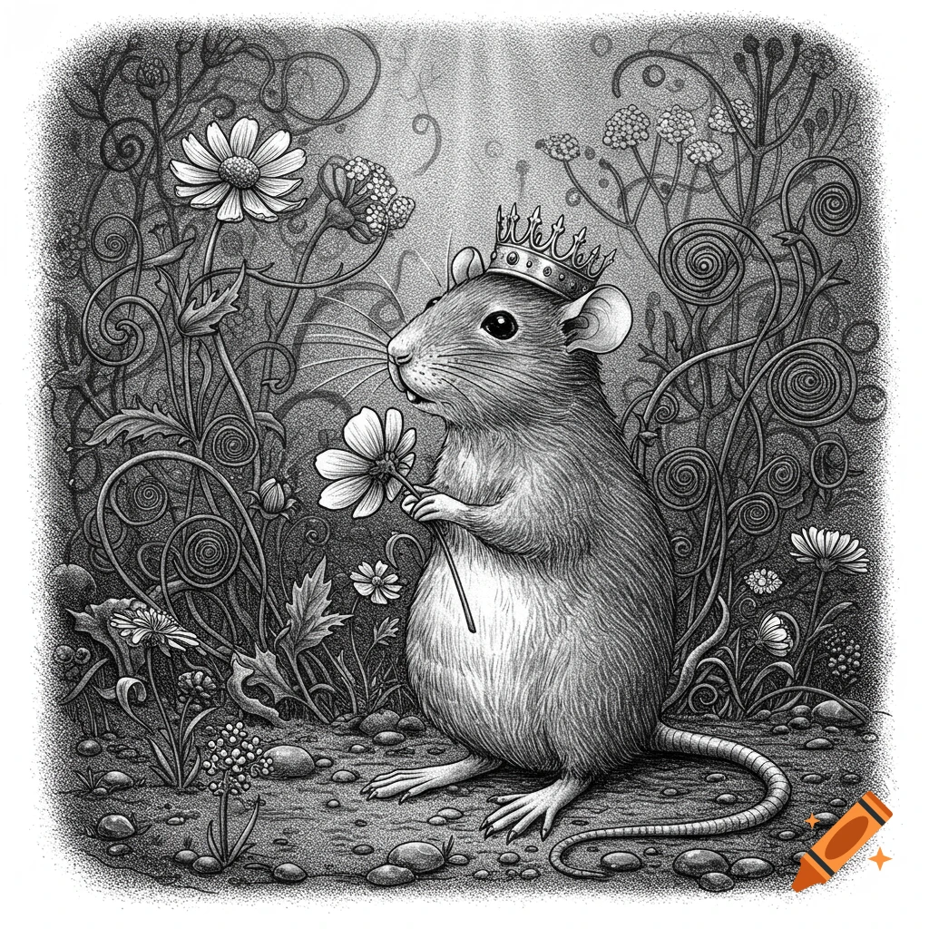A black and white storybook-style illustration of a rat wearing a crown, holding a flower in a garden of swirling plants.