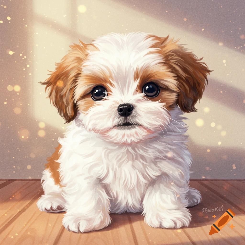 A cute fluffy white and brown puppy with big dark eyes sits on a wooden floor in a digital illustration style.