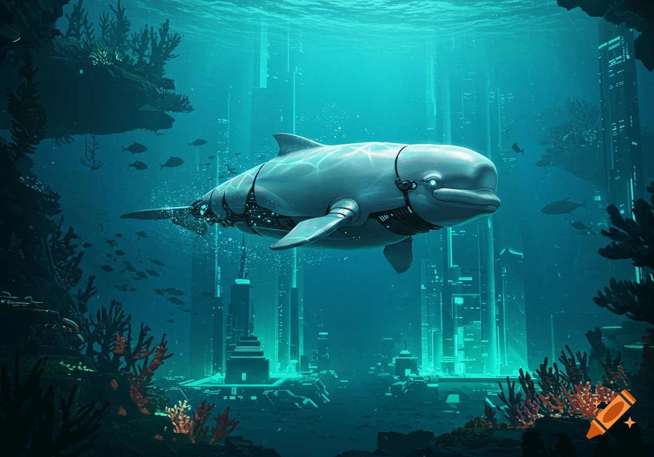 A majestic robot beluga whale swims through an ethereal, glowing futuristic underwater city with vibrant coral reefs.