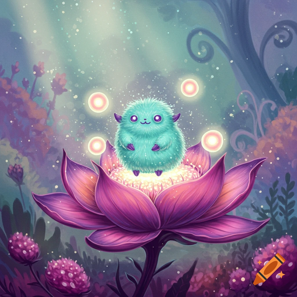 A cute fluffy teal monster with purple eyes sits on a large glowing purple lotus flower in a magical forest.