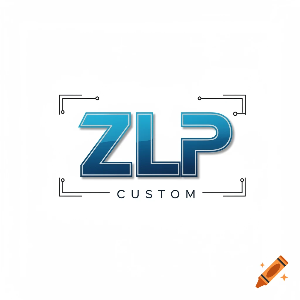 A blue and black ZLP Custom logo with a gradient effect and square bracket designs.