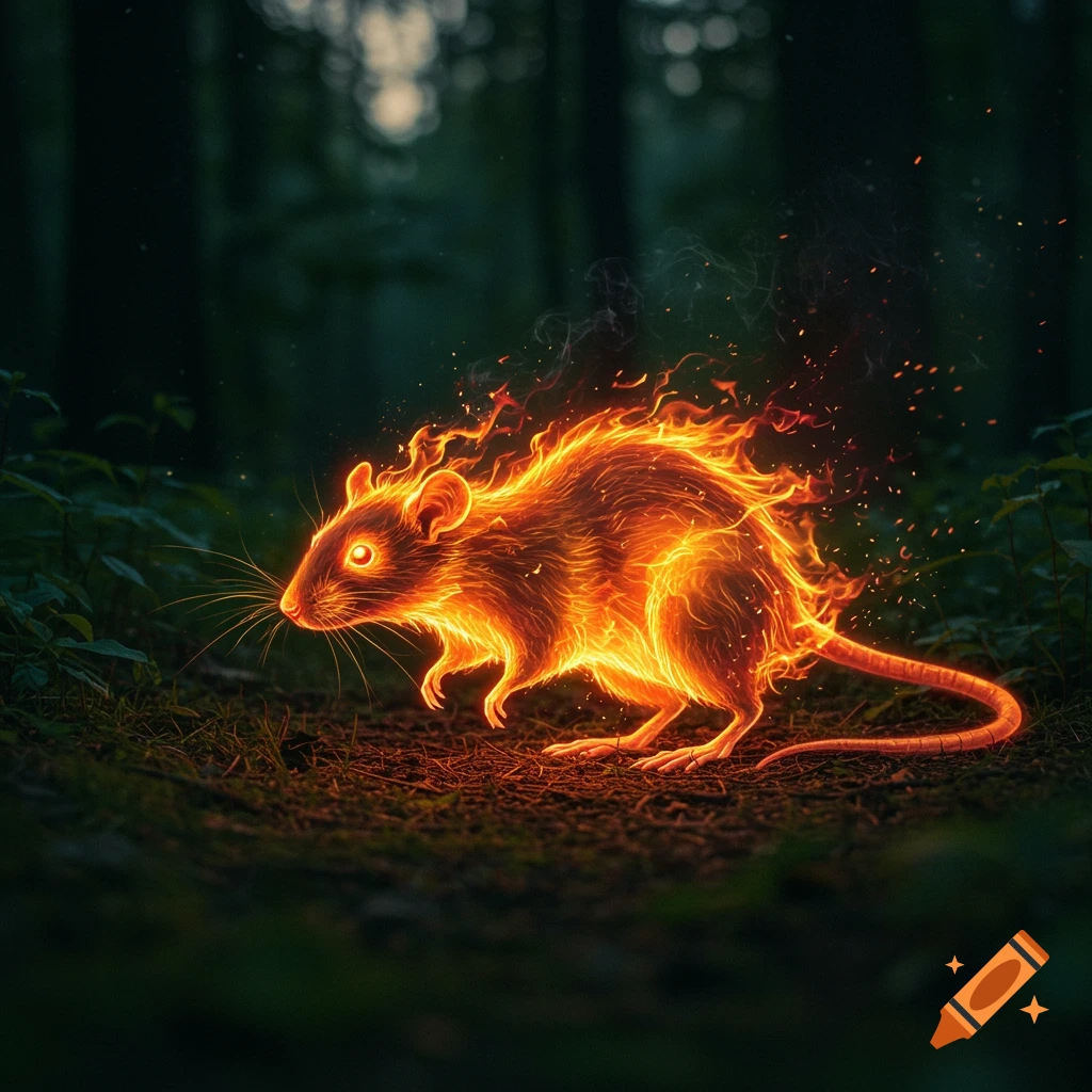 A glowing, fiery rat-like creature stands on the dark forest floor, surrounded by flames and embers.