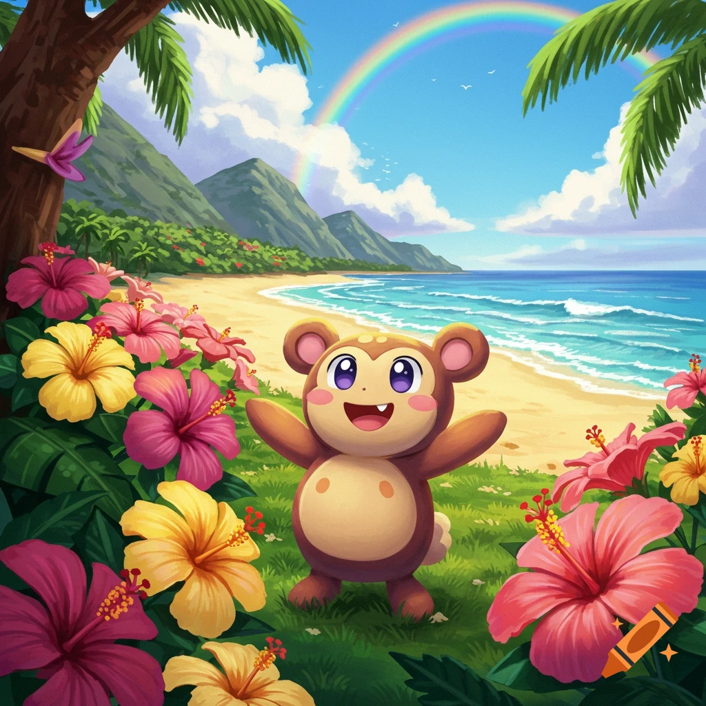 A happy, cute, cartoon-style monkey-like creature stands on a tropical beach with vibrant pink and yellow hibiscus flowers in the foreground and a rainbow in the sky.