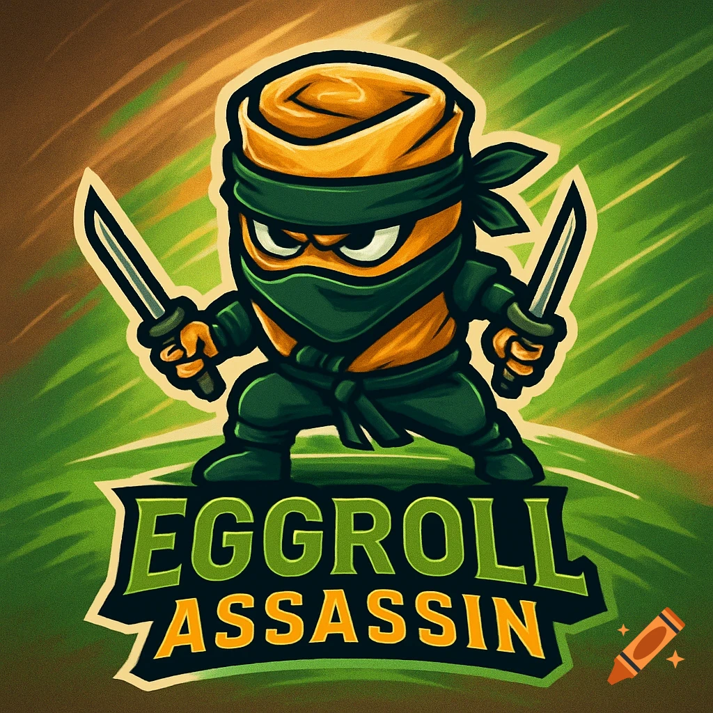 A cartoon mascot of an eggroll dressed as a ninja holding two knives, with "EGGROLL ASSASSIN" text below. Green and orange background.