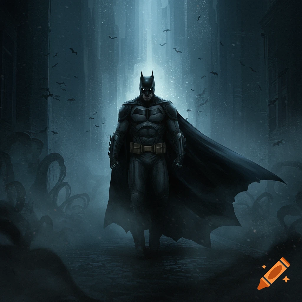 A dark, atmospheric digital art illustration of Batman walking through a city alley towards a light, with bats in the sky.