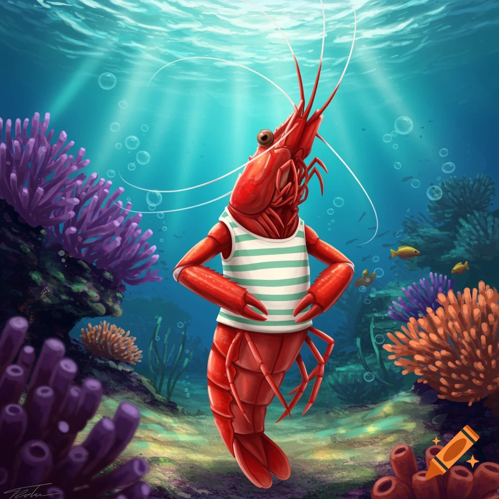A red anthropomorphic shrimp wearing a green and white striped shirt stands on the ocean floor among colorful coral.