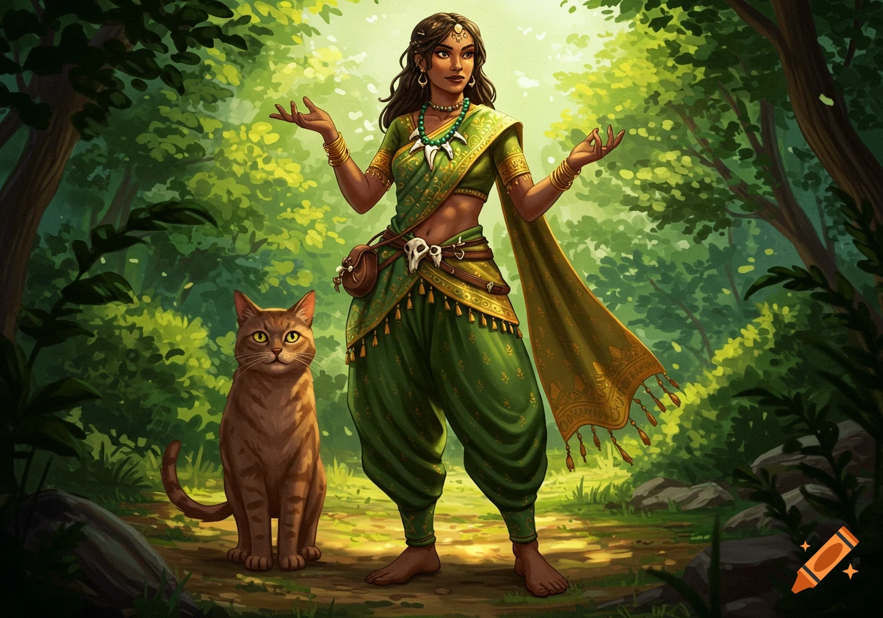 A fantasy illustration depicts a woman in green traditional attire with a brown tabby cat in a lush forest.