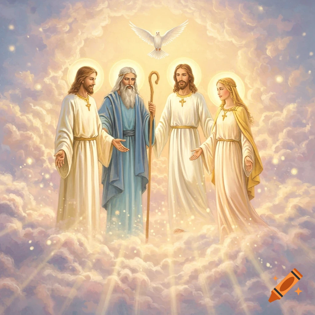 Jesus, an elder, a holy woman, and a dove stand on clouds surrounded by glowing light in a religious painting style.