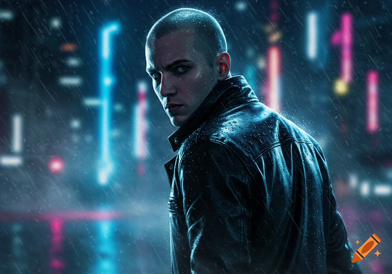 A bald man in a leather jacket looks over his shoulder in the rain, with blurry neon city lights in the background.