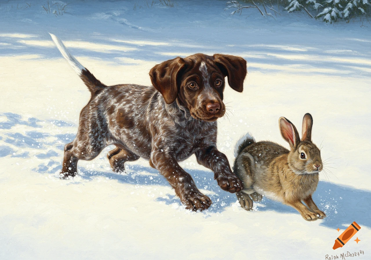 A Drahthaar puppy and a cottontail rabbit run through the snow in a detailed painting style.