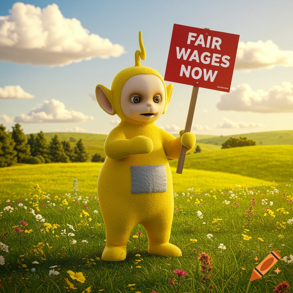 A yellow Teletubby stands in a sunny, green field with wildflowers, holding a red sign that reads 'FAIR WAGES NOW'.