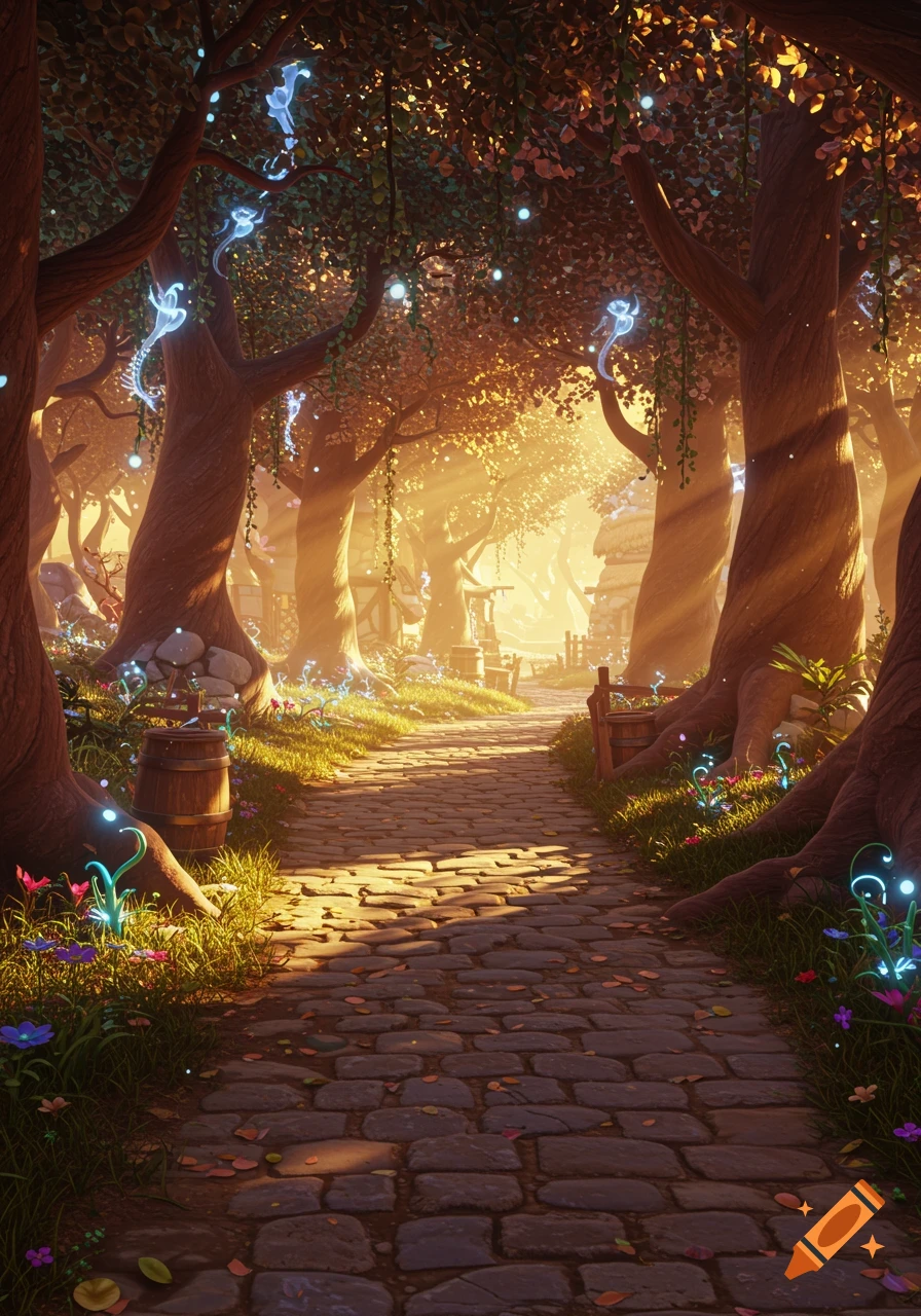A sunlit fantasy forest path, winding through ancient trees with glowing magical orbs and small, glowing plants.