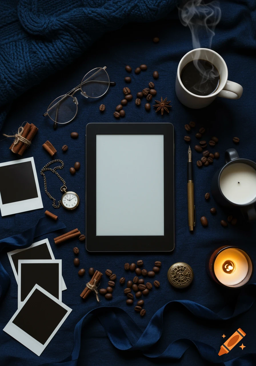 A dark blue flatlay shows a blank e-reader surrounded by a steaming coffee cup, scattered coffee beans, cinnamon sticks, eyeglasses, a pocket watch, instant photo frames, and lit candles.