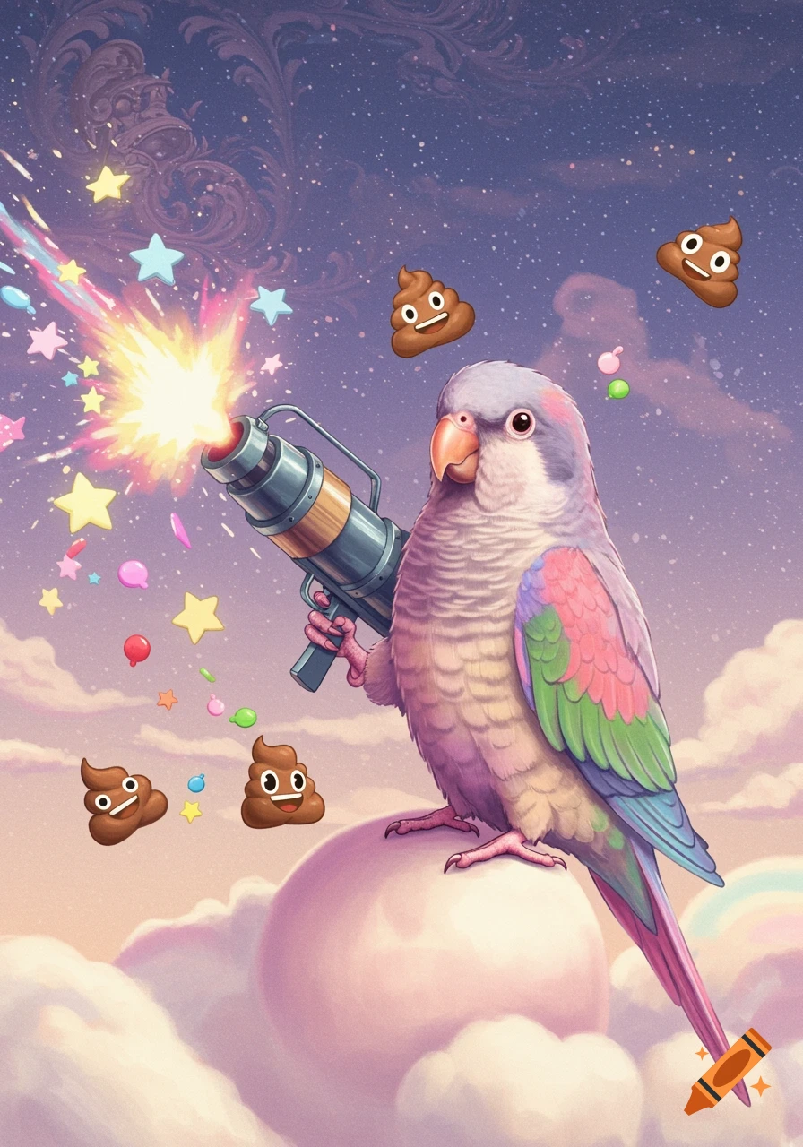 A whimsical illustration of a colorful parrot shooting stars from a ray gun while floating among clouds and poop emojis in a starry sky.