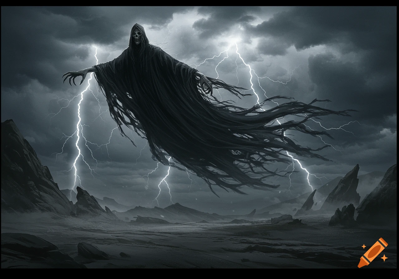 A grim reaper-like figure in a black robe with clawed hands flies over a desolate, stormy landscape with lightning.