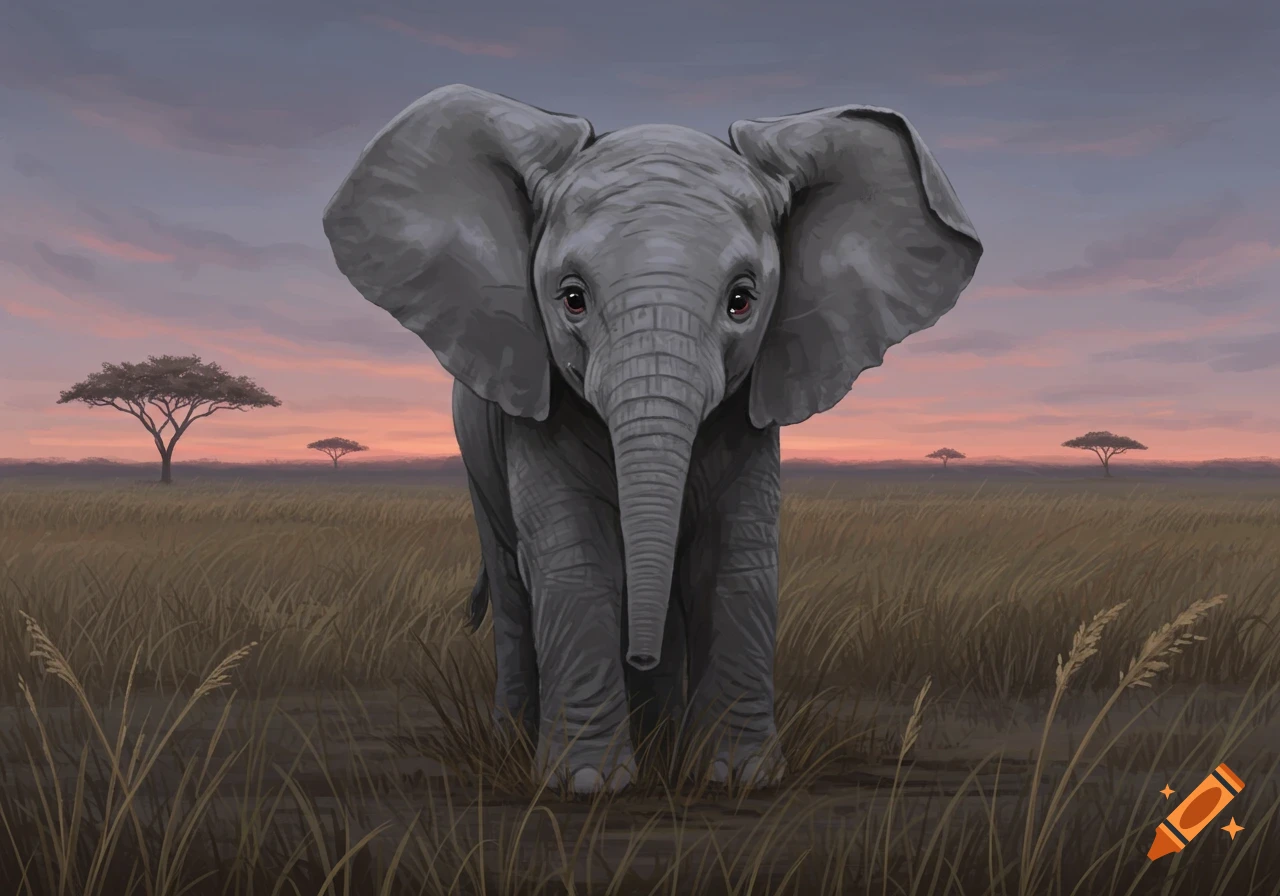 Digital painting of a sad baby elephant standing in a grassy savanna at sunset with acacia trees.