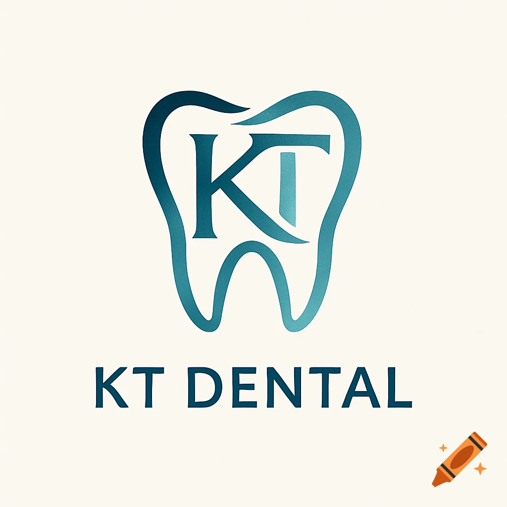 Modern dental clinic logo with dark teal gradient 'KT' initials inside a tooth shape, and 'KT DENTAL' text below.