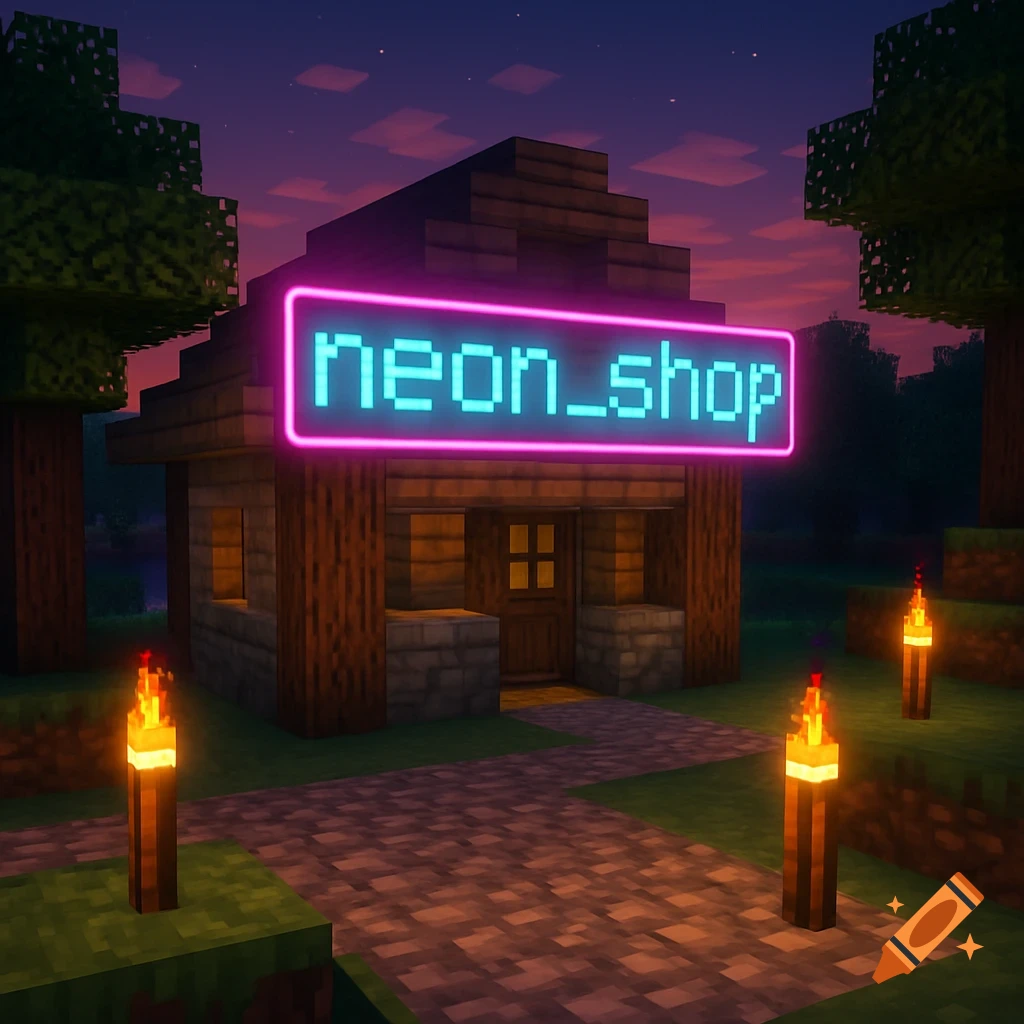 A Minecraft-style wooden shop with a glowing neon_shop sign at dusk, surrounded by trees and torches.
