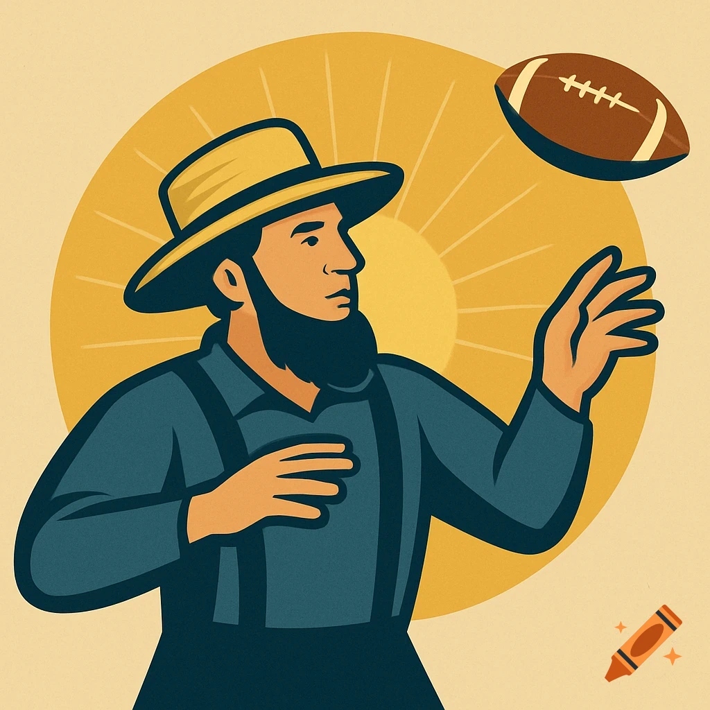Digital art illustration of an Amish man in a hat and beard throwing a football with a radiating sun behind him.