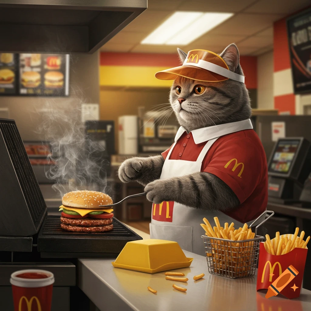 Photorealistic image of a grey cat wearing a McDonald's uniform, grilling a burger in a fast food kitchen with fries nearby.