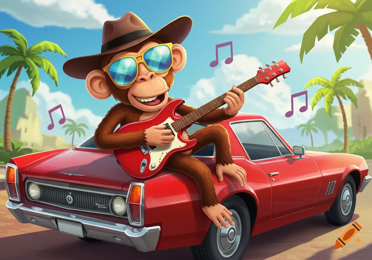 A cartoon monkey wearing sunglasses and a hat sits on the trunk of a red car, playing an electric guitar, with palm trees in the background.