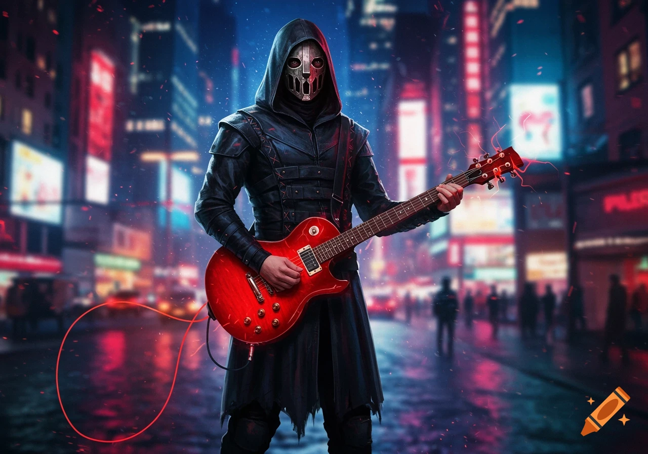 A masked figure in dark, futuristic attire plays a red electric guitar in a neon-lit cyberpunk city at night.