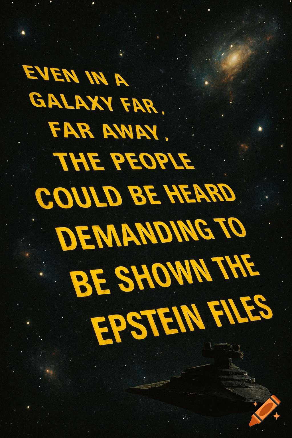 Yellow Star Wars-style scrolling text against a starry night sky with a Star Destroyer spaceship.