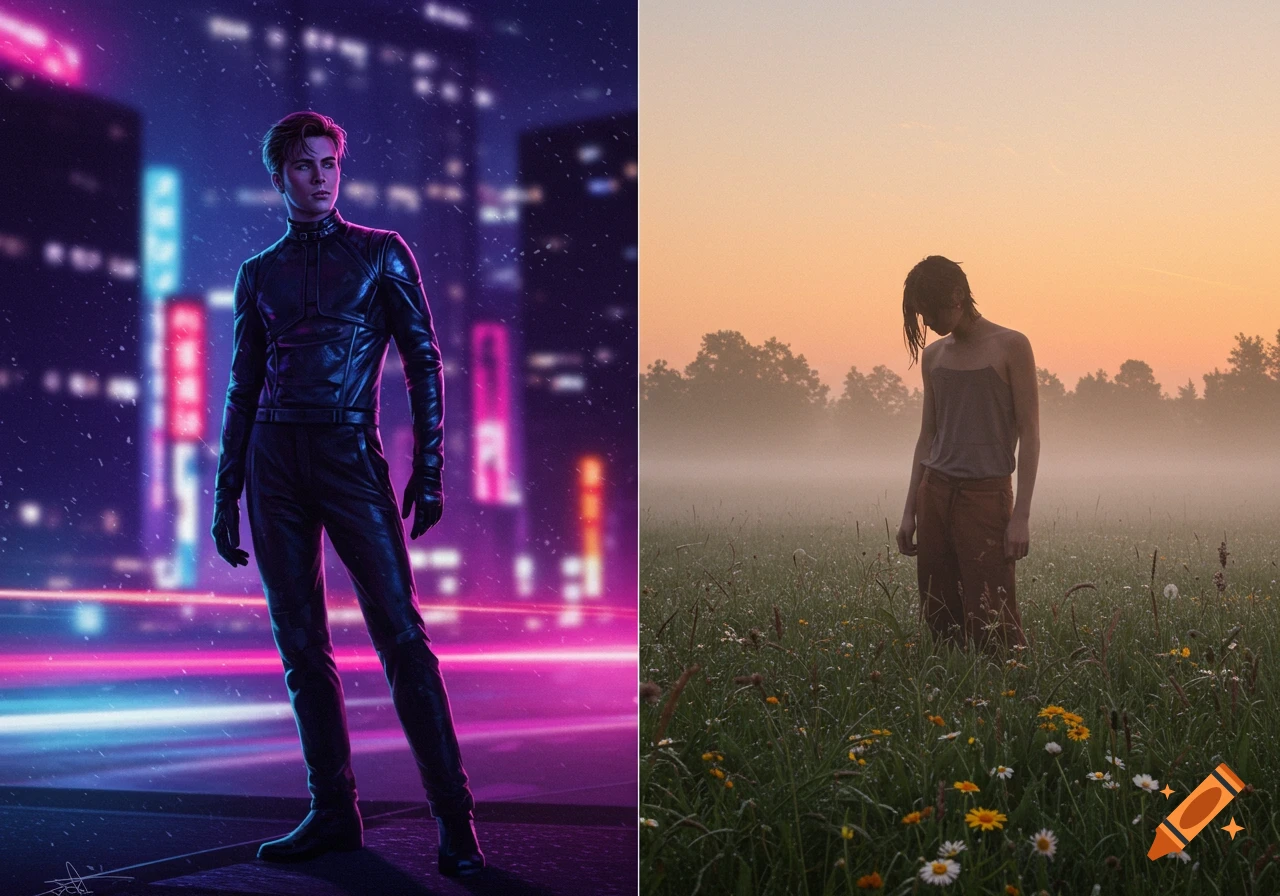 A split image showing a man in a black suit in a neon cyberpunk city on the left, and a person standing in a foggy field at sunset on the right.
