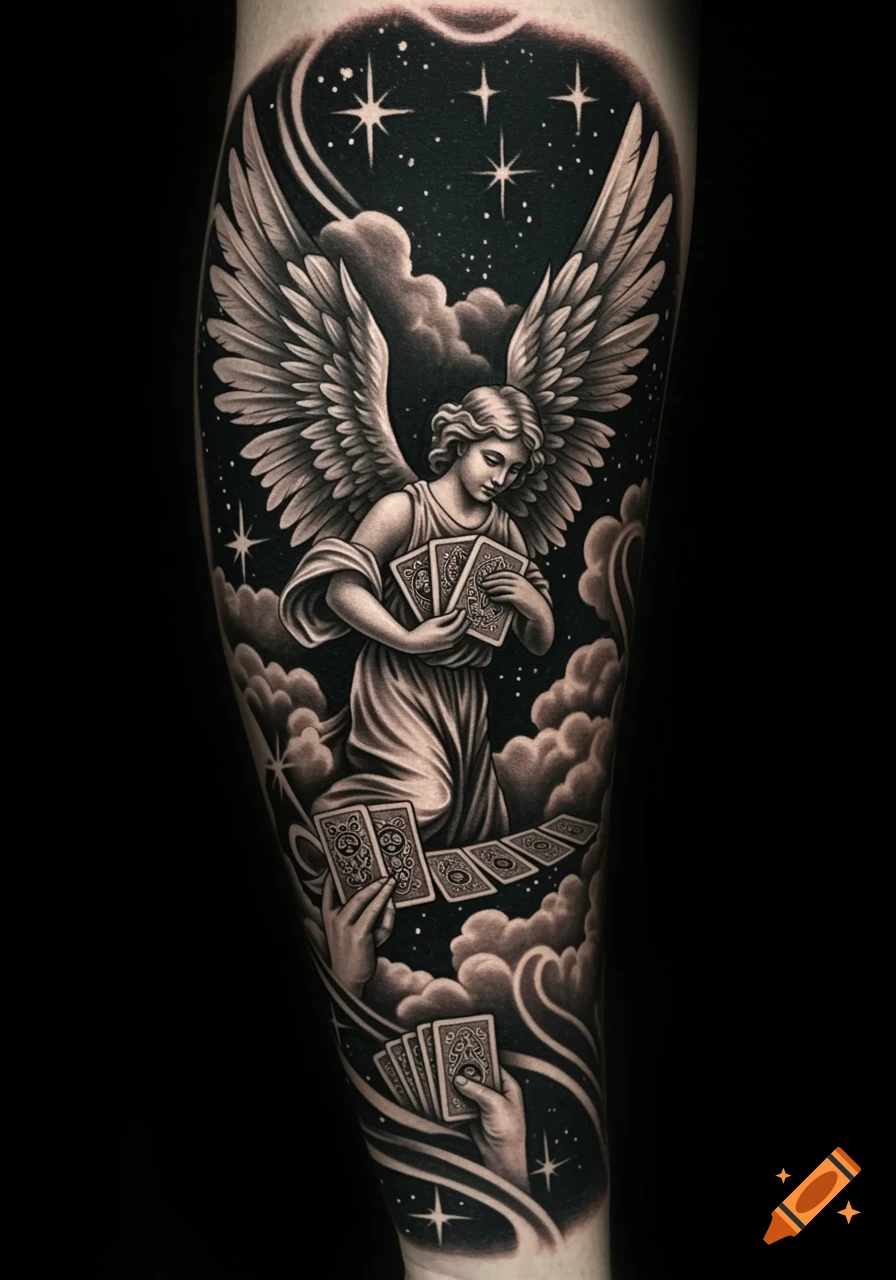 A black and white tattoo on an arm showing an angel with large wings kneeling on clouds, holding and playing with decorative cards, against a starry night sky.
