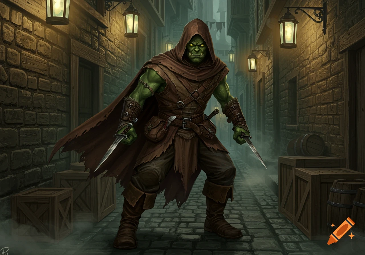 A hooded green-skinned orc rogue stands in a dark cobblestone alley, holding two knives. Lanterns illuminate the brick buildings.