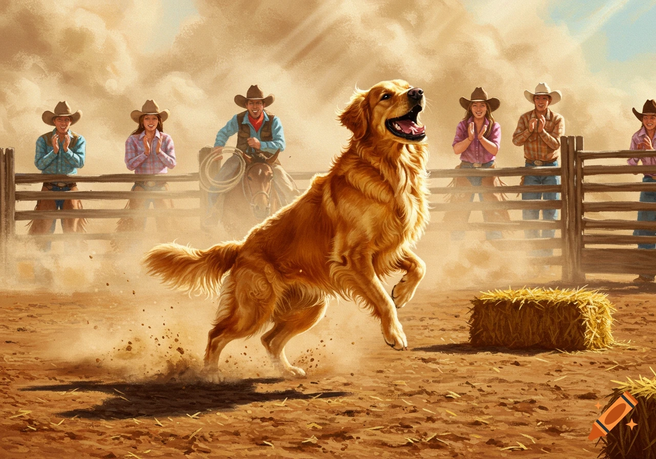 A golden retriever runs through a dusty rodeo arena as cowboys and cowgirls watch from behind a fence, some clapping.