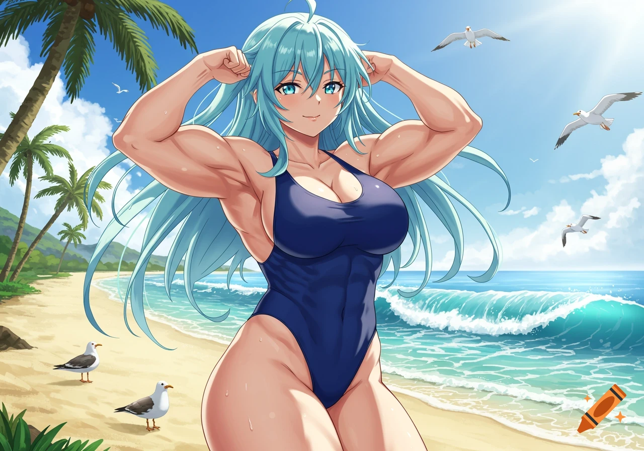 A muscular anime girl with light blue hair in a dark blue swimsuit flexing on a sunny beach with palm trees, ocean, and seagulls.