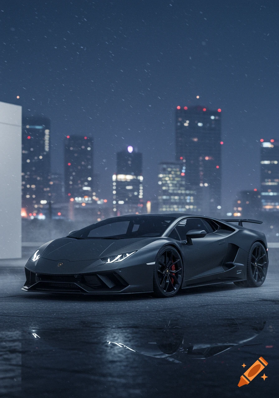 A dark gray Lamborghini sports car with white headlights on a wet, dark road, with a blurry city skyline at night in the background.
