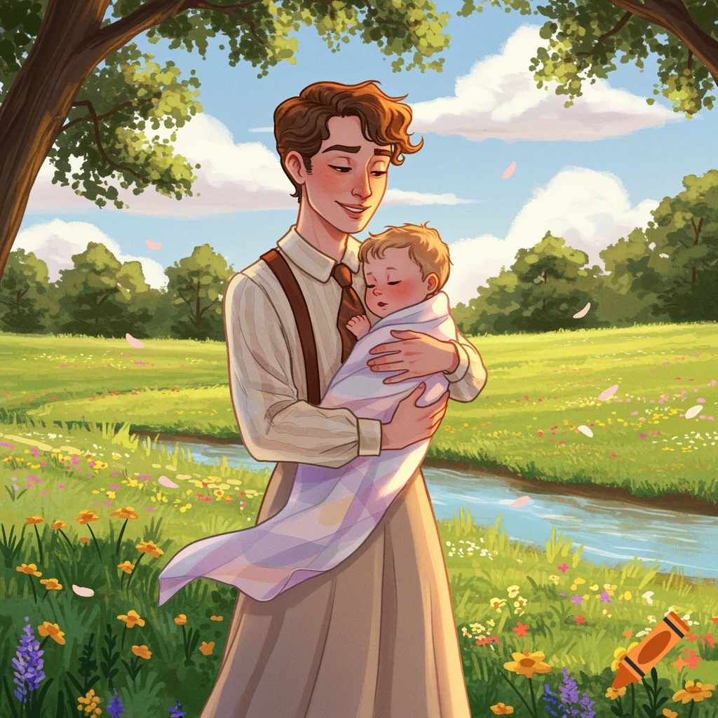 Illustrated image of a person holding a sleeping baby in a sunny field with trees and a river.