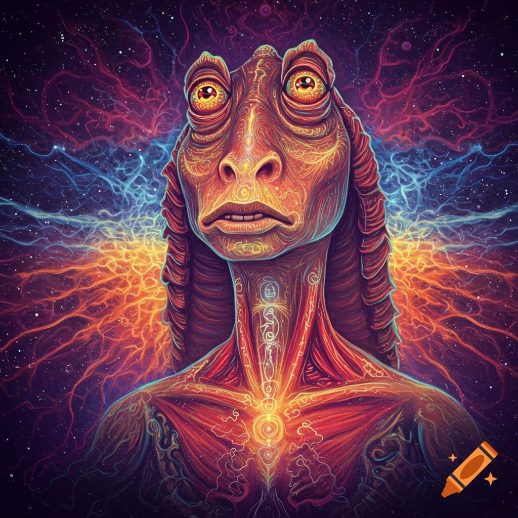 Psychedelic portrait of Jar Jar Binks in the style of Alex Grey, with anatomical details and cosmic energy patterns.