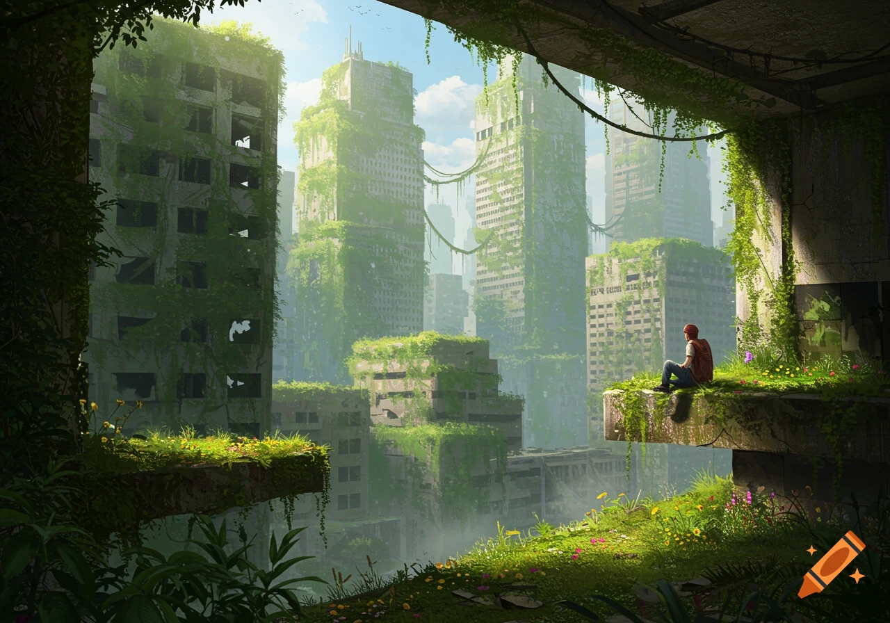 A person sits on a vine-covered ledge overlooking a sprawling, overgrown abandoned city skyline under a clear sky, digital art.