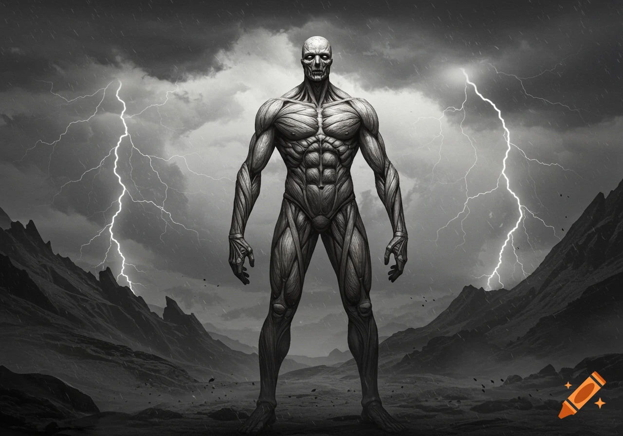 A muscular, skinless humanoid creature with a haunting expression stands in a barren, mountainous landscape under a stormy, lightning-filled sky in a monochromatic style.